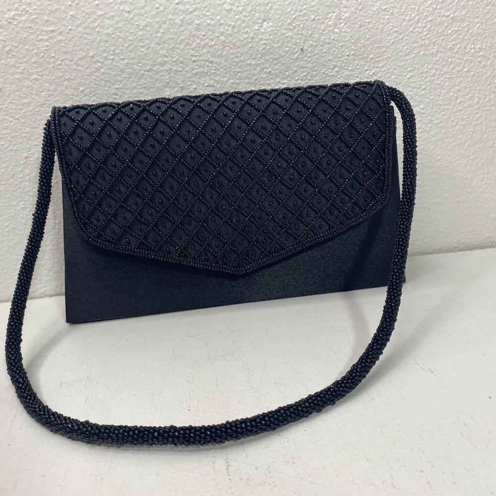NWT Bijoux Terner Black Satin Beaded Evening Clutch Hand Bag Shoulder Purse Chic
